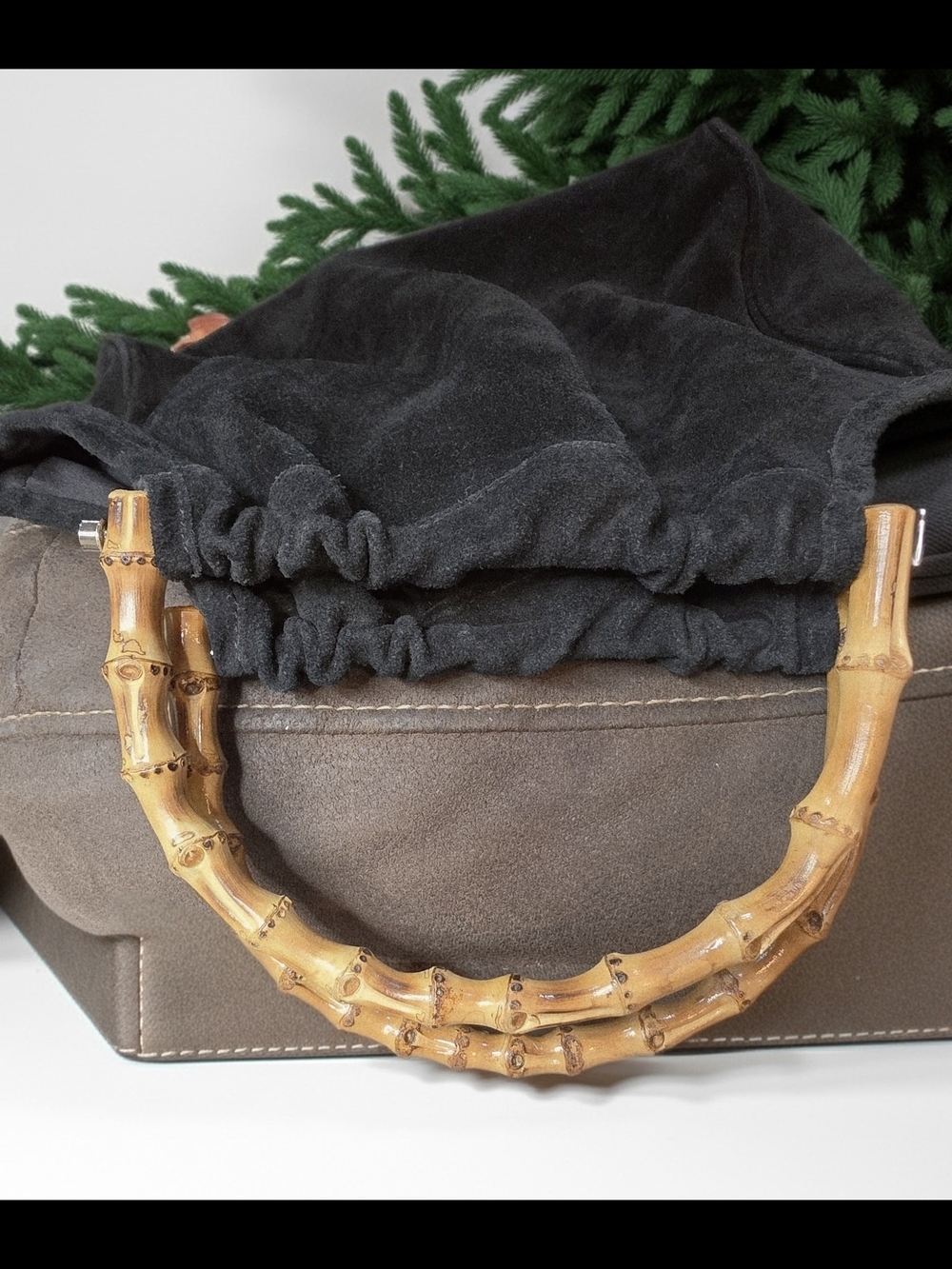 643. Vintage Talbots Black Suede Handbag with Bamboo Handle - Picture 2 of 6